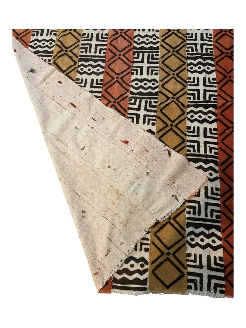 VTG WEST AFRICAN COTTON TRIBAL PRINT RUST MUSTARD BLACK CREAM MUD CLOTH 55”x78”
